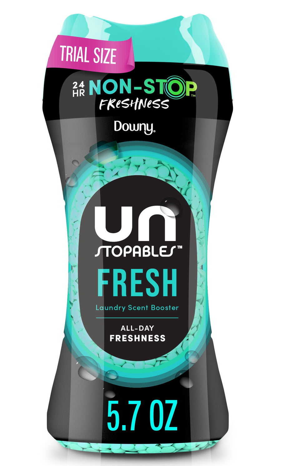 Single Downy Unstopables Fresh trial-size bottle showing branding, aqua beads and 5.7 oz label