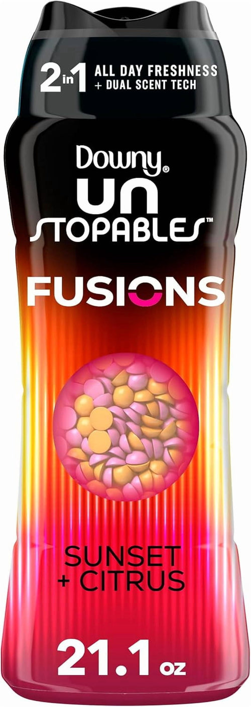 Tall Downy Unstopables Fusions container with sunset-orange gradient and visible pink and yellow scent beads, labeled Sunset + Citrus 21.1 oz.