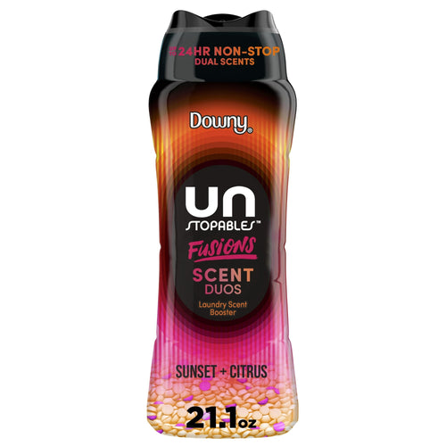 Tall plastic bottle of Downy Unstopables Fusions Scent Duos in Sunset + Citrus packaging with colorful bead graphic