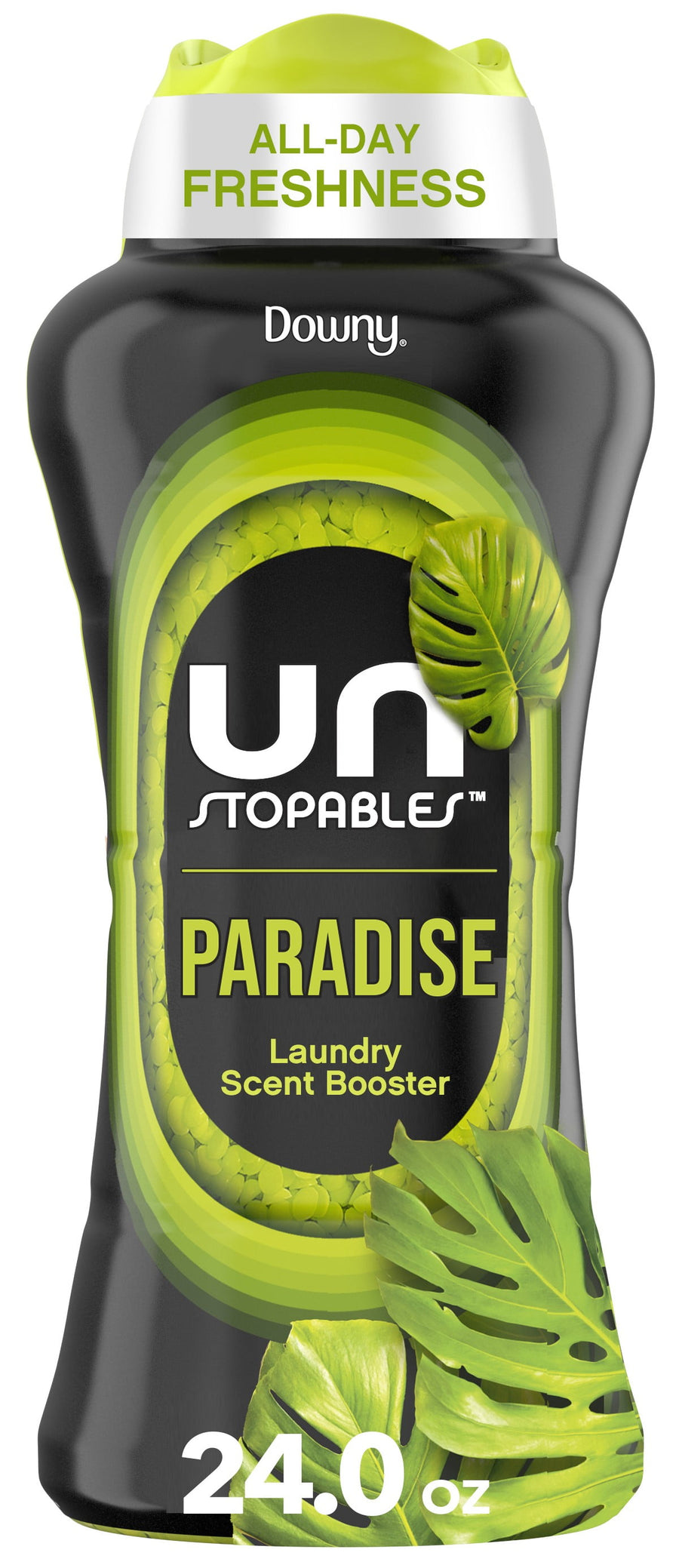 Tall black bottle of Downy Unstopables Paradise laundry scent booster with green leaf graphics and 24.0 oz label