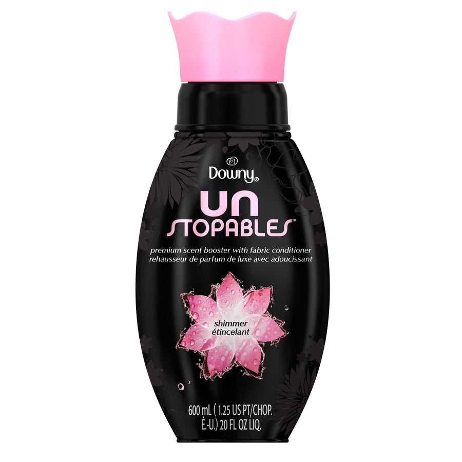Downy Unstopables Shimmer in-wash scent booster bottle with pink flower cap and black floral label