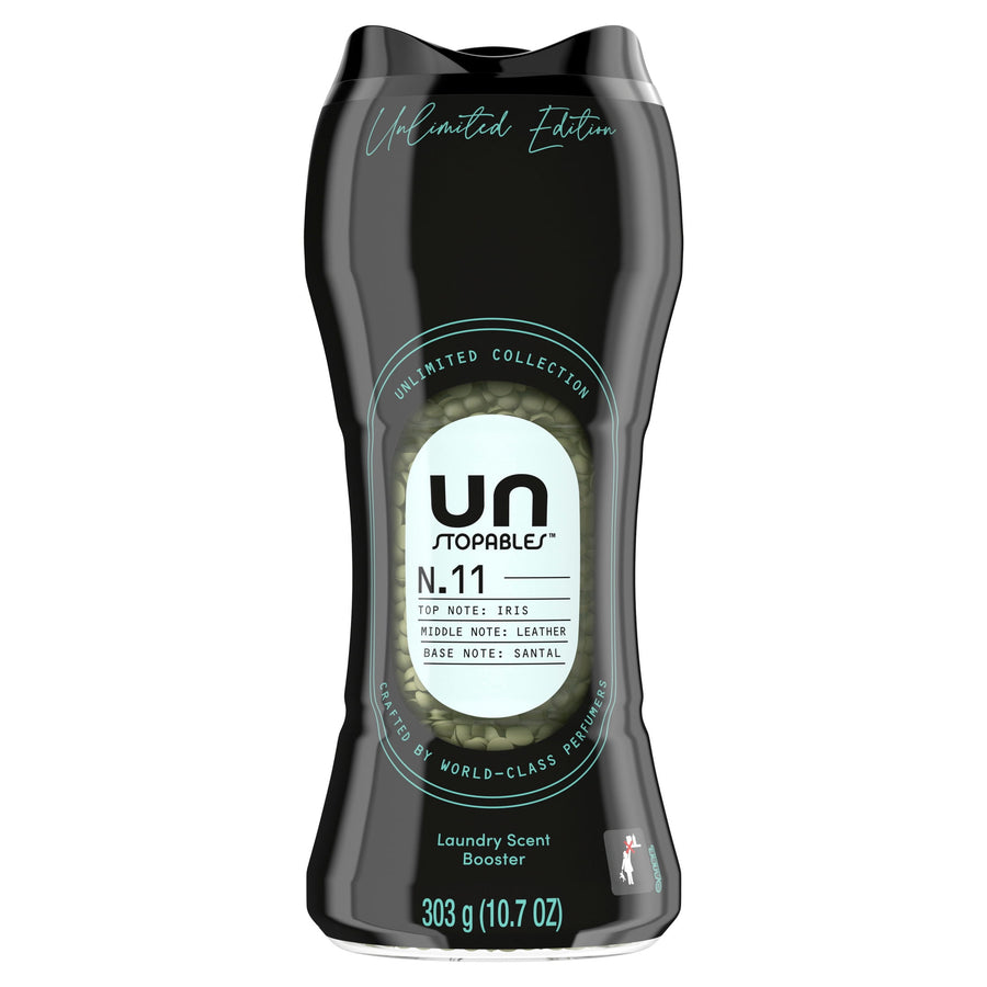 Front view of a black Downy Unstopables Unlimited N.11 in-wash scent booster bottle showing label and visible scent beads.