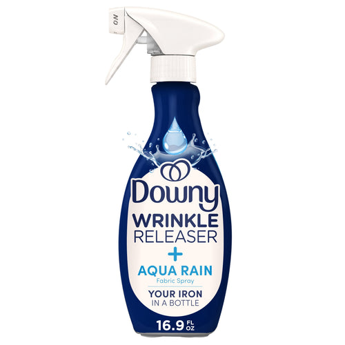Blue Downy Wrinkle Releaser spray bottle with white trigger, Aqua Rain label and water droplet graphic