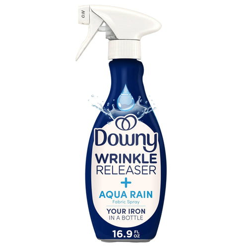Downy Wrinkle Releaser Aqua Rain fabric spray bottle with white trigger top and navy label showing brand and scent