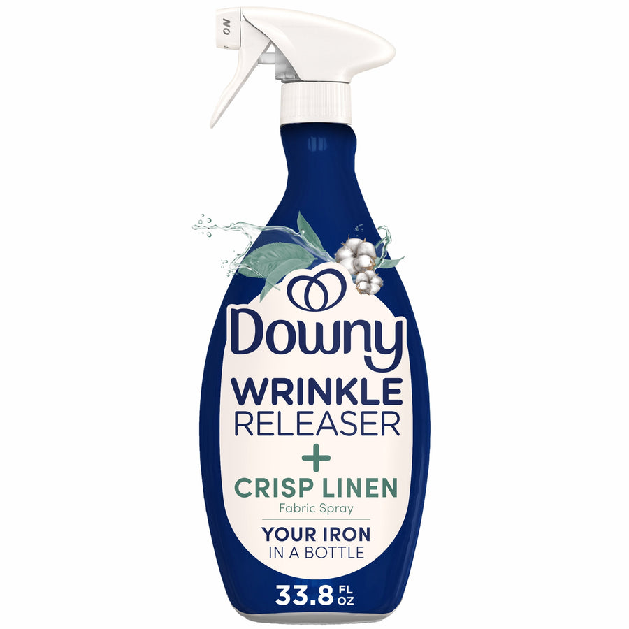 Blue Downy Wrinkle Releaser spray bottle with white trigger and crisp linen label on a white background