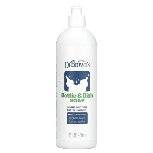 Dr. Brown's Bottle & Dish soap white squeeze bottle with blue logo and green 'Bottle & Dish Soap' text on a plain white background