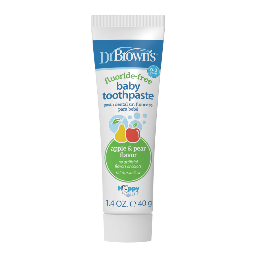 White tube of Dr. Brown's fluoride-free baby toothpaste in apple & pear flavor on a white background.