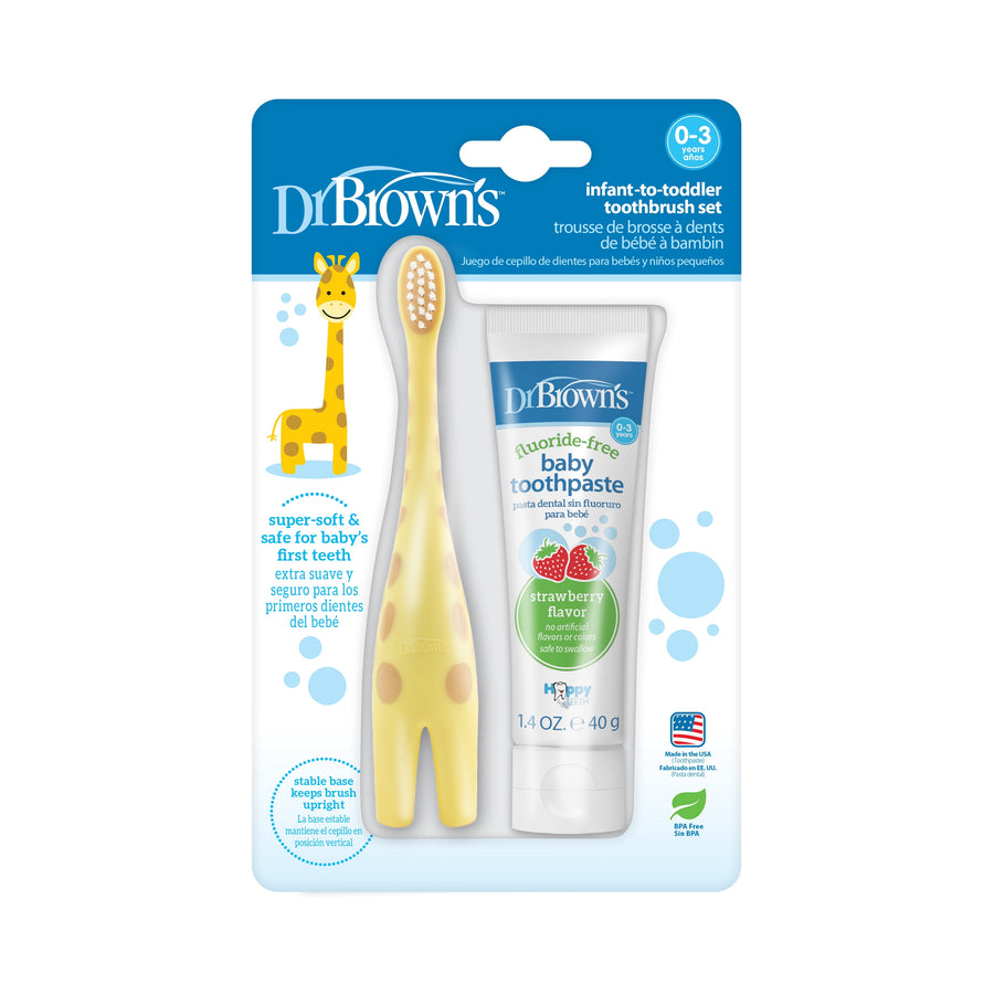 Front view of Dr. Brown's infant-to-toddler giraffe toothbrush with strawberry baby toothpaste in blister packaging