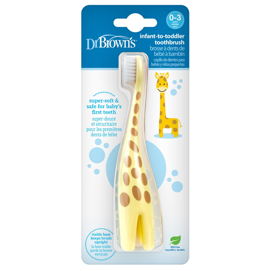 Dr. Brown's giraffe-shaped infant training toothbrush in blister packaging with blue header and graphics.