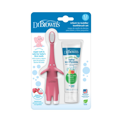 Packaged Dr. Brown's infant-to-toddler pink elephant training toothbrush next to apple‑pear baby toothpaste on blister card.