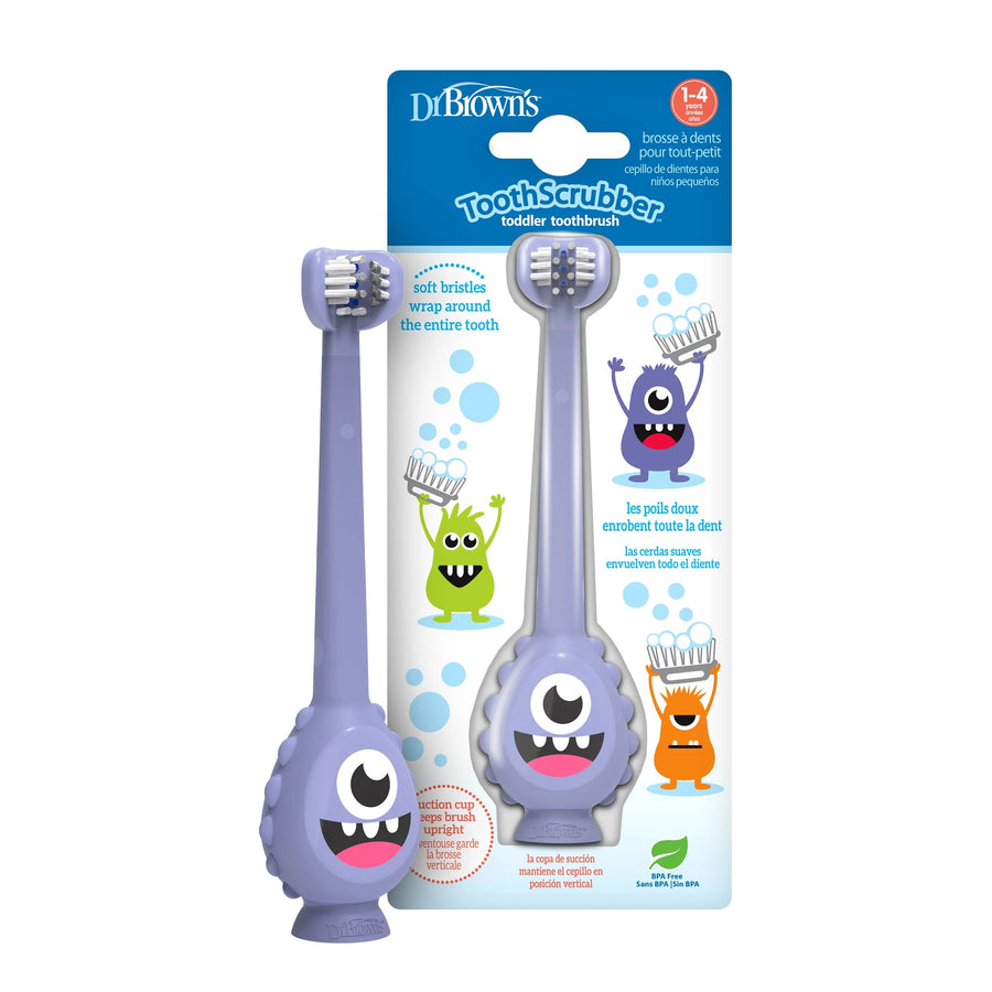 Purple Dr. Brown's ToothScrubber three-sided toddler toothbrush on retail card backing