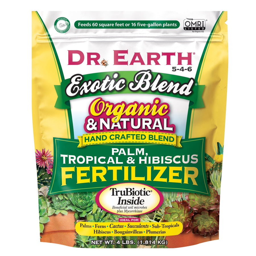 Front view of Dr. Earth Exotic Blend Palm, Tropical & Hibiscus fertilizer yellow pouch with bold green label