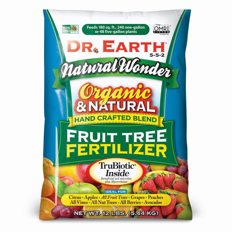 Front of a Dr. Earth Natural Wonder Fruit Tree Fertilizer bag with colorful fruit graphics and product name