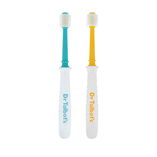 Two Dr. Talbot's toddler 360° toothbrushes with aqua and yellow necks and white handles on white background
