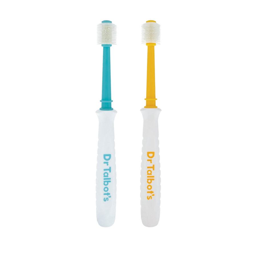 Two Dr. Talbot's toddler 360° toothbrushes with aqua and yellow necks and white handles on white background