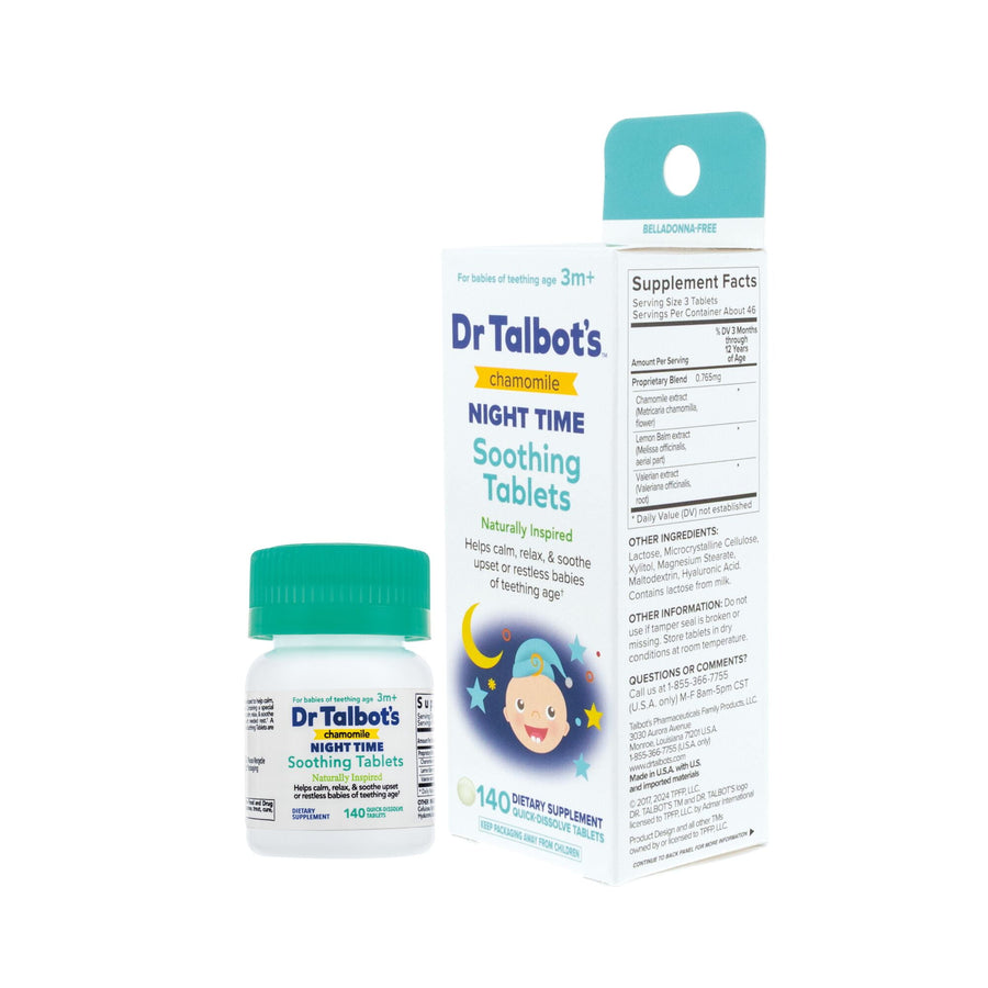 White bottle with green cap beside a Dr. Talbot's chamomile Night Time Soothing Tablets box on white background.