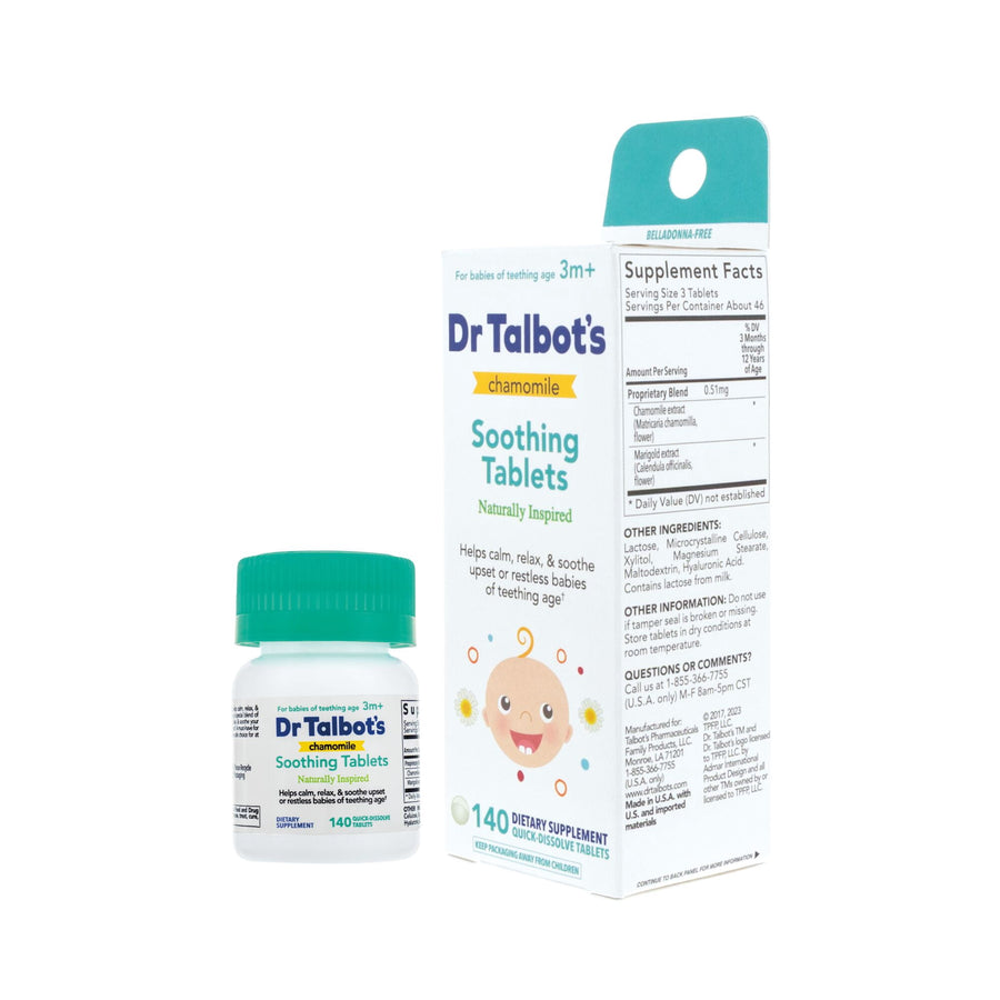 Dr. Talbot's chamomile soothing tablets bottle and outer box shown together on white background with visible product labeling