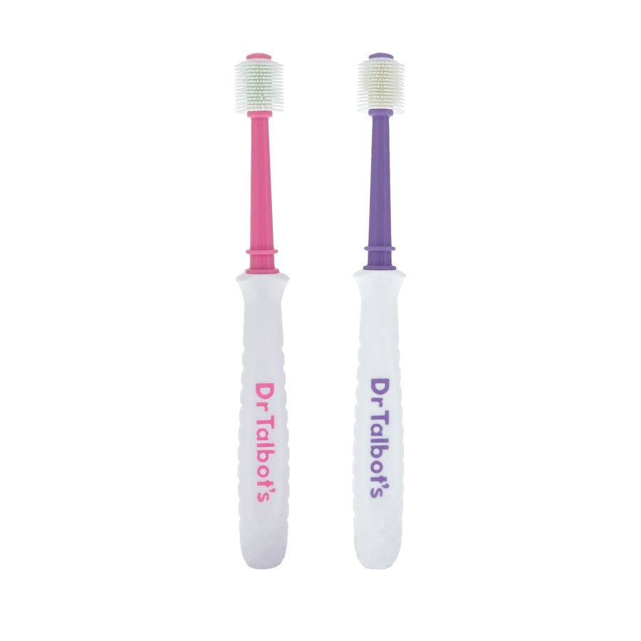 Two Dr. Talbot's 360° toddler toothbrushes with white handles and pink and purple necks, shown on white background.