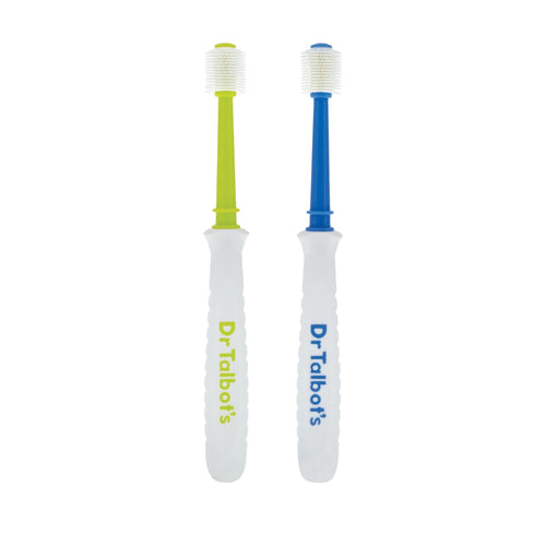 Two Dr. Talbot's 360° toddler toothbrushes side-by-side, one blue and one green, white handles with logo
