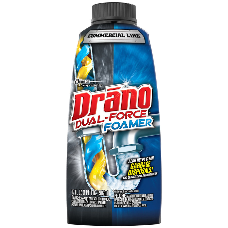 Front-facing Drāno Dual-Force Foamer bottle label showing product name, drain graphic and warnings.