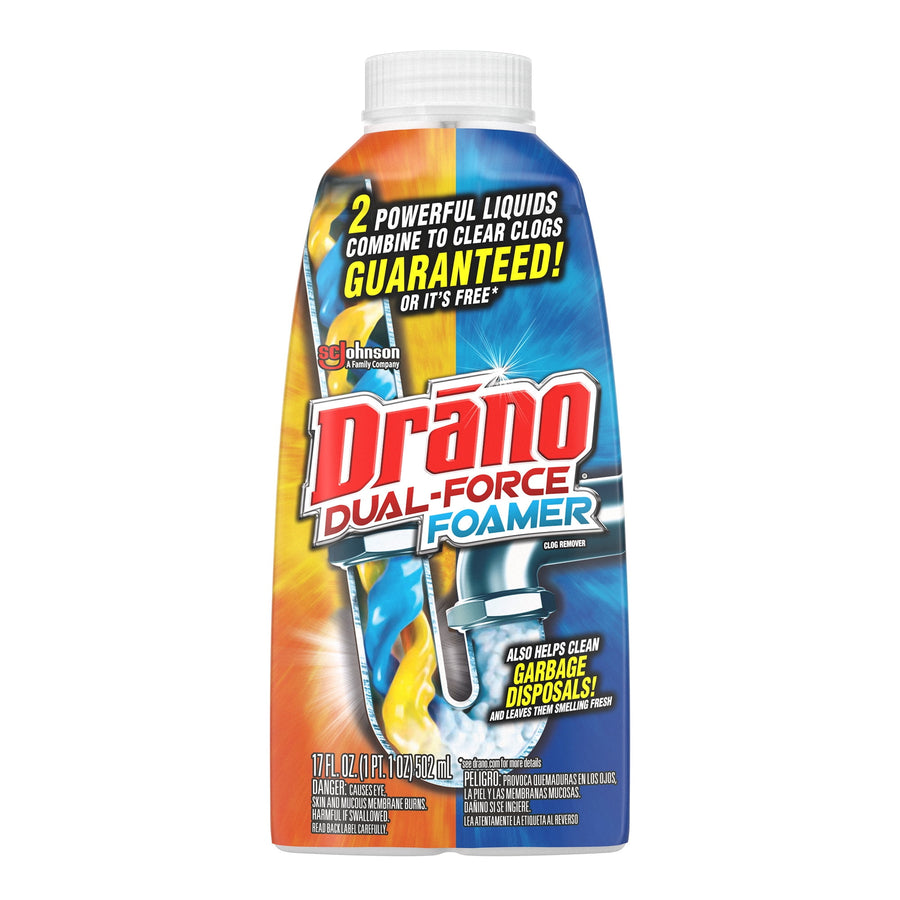Drano Dual-Force Foamer bottle with colorful label showing drain and guarantee text on a white background