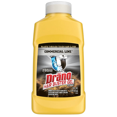 Yellow Drano Hair Buster Gel bottle front view with commercial-line label and product branding visible