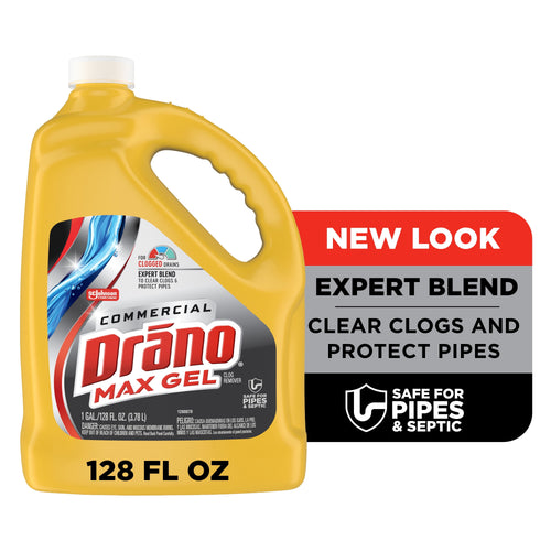 Yellow 1‑gallon jug of Drano Commercial Max Gel with label and '128 FL OZ' text on white background