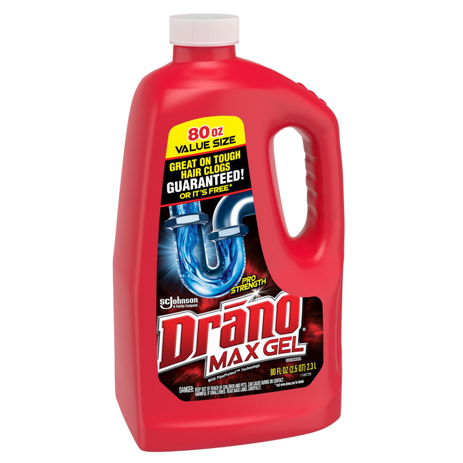 Studio shot of Drano Max Gel red jug with prominent label art and white cap against white background