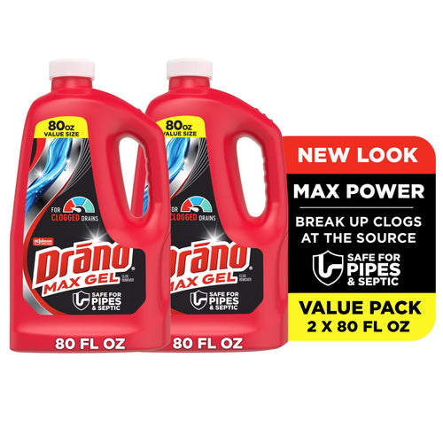 Two red Drano Max Gel 80 fl oz bottles side by side with a value pack callout panel