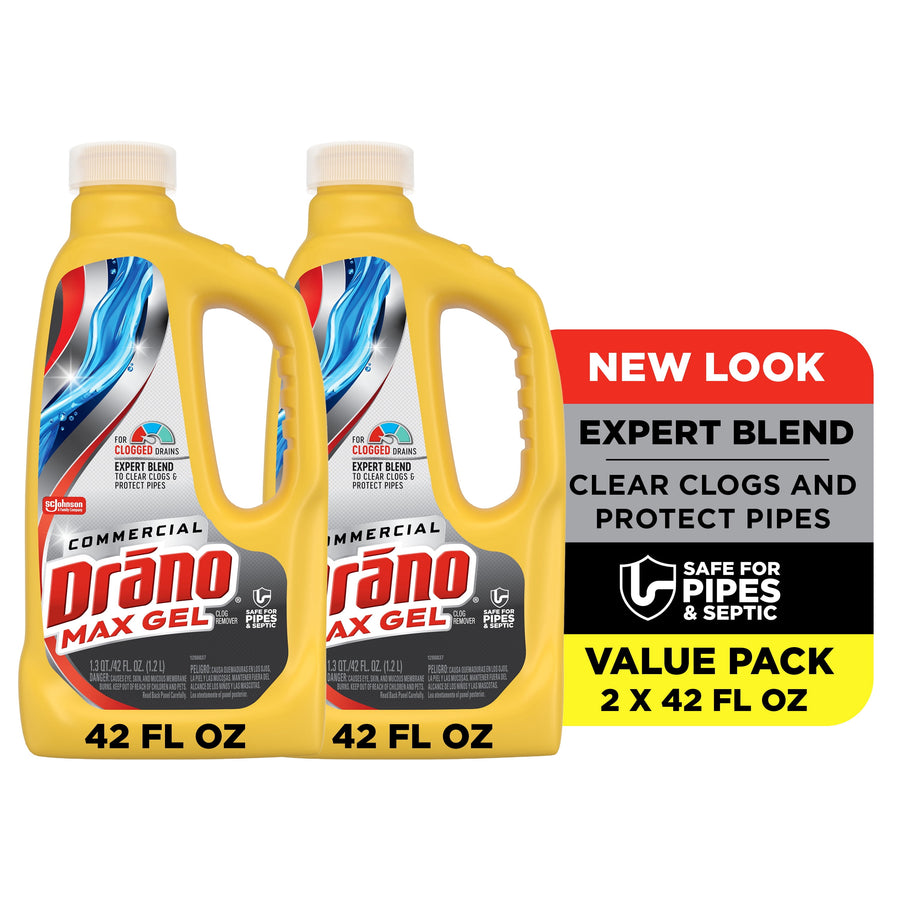 Two yellow Drano Max Gel commercial bottles side-by-side with a value pack panel and product badges