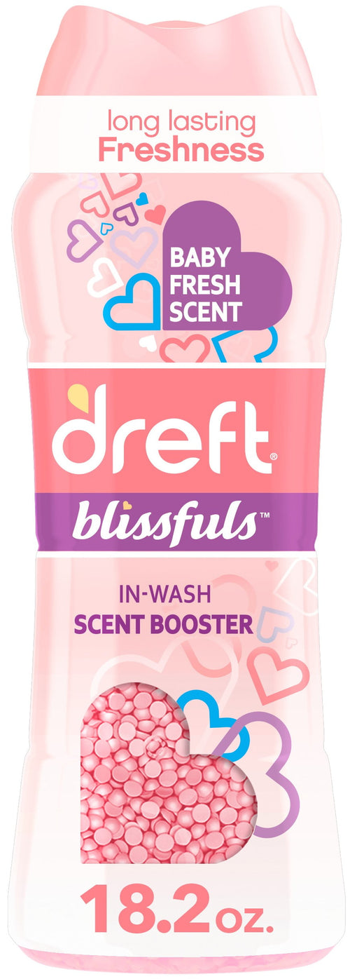 Close-up of a pink Dreft Blissfuls bottle showing heart window with pink scent beads and baby fresh scent label.