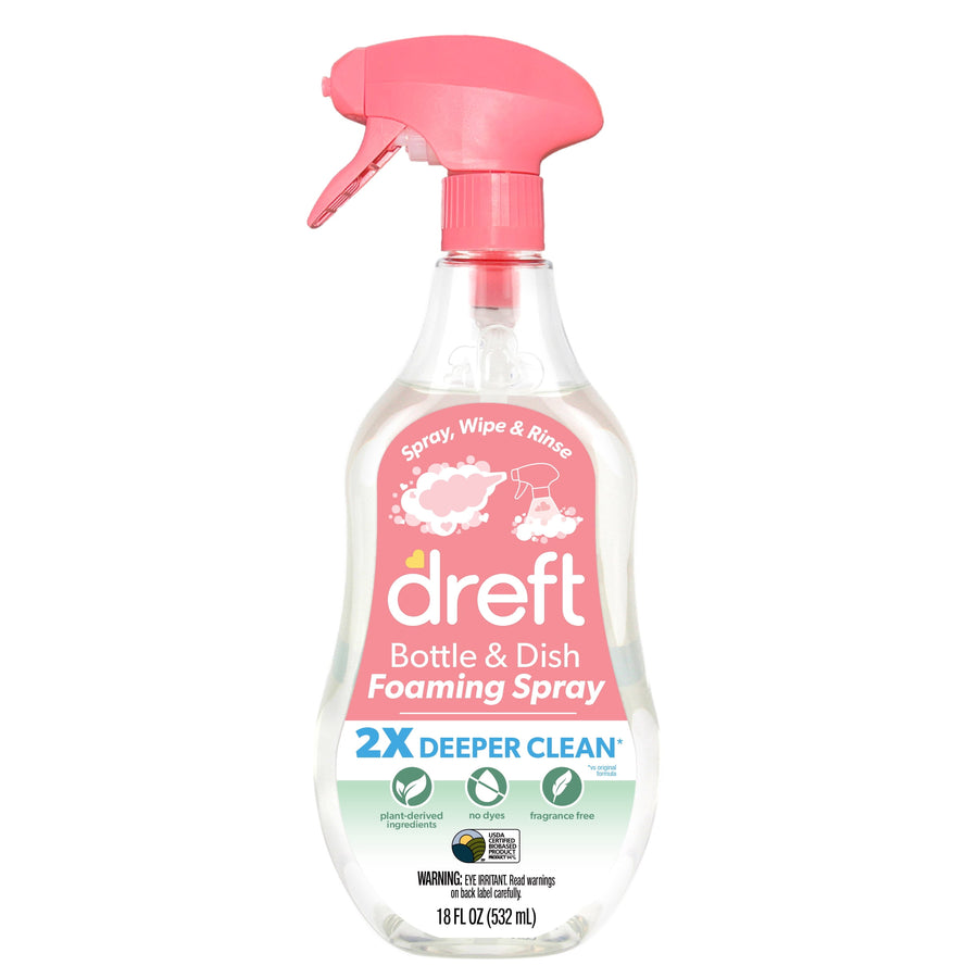 Isolated Dreft Bottle & Dish Foaming Spray on white background showing front label, pink trigger, and 18 FL OZ volume marking.