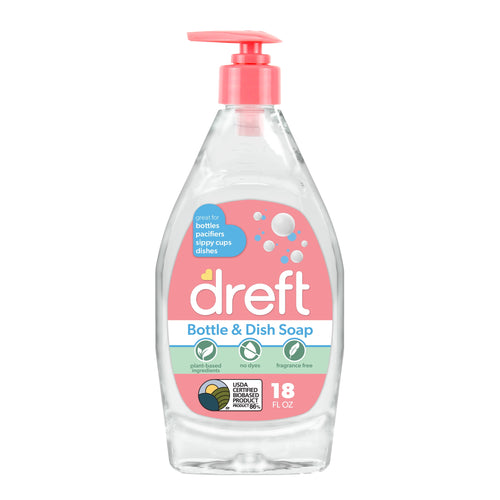 Clear pump bottle of Dreft Bottle & Dish Soap with pink label and pump, front product view on white background.