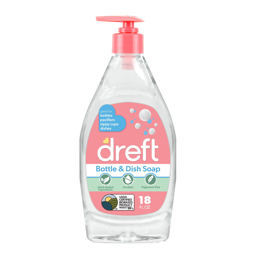 Clear pump bottle of Dreft Bottle & Dish Soap with pink label and pump, front product view on white background.