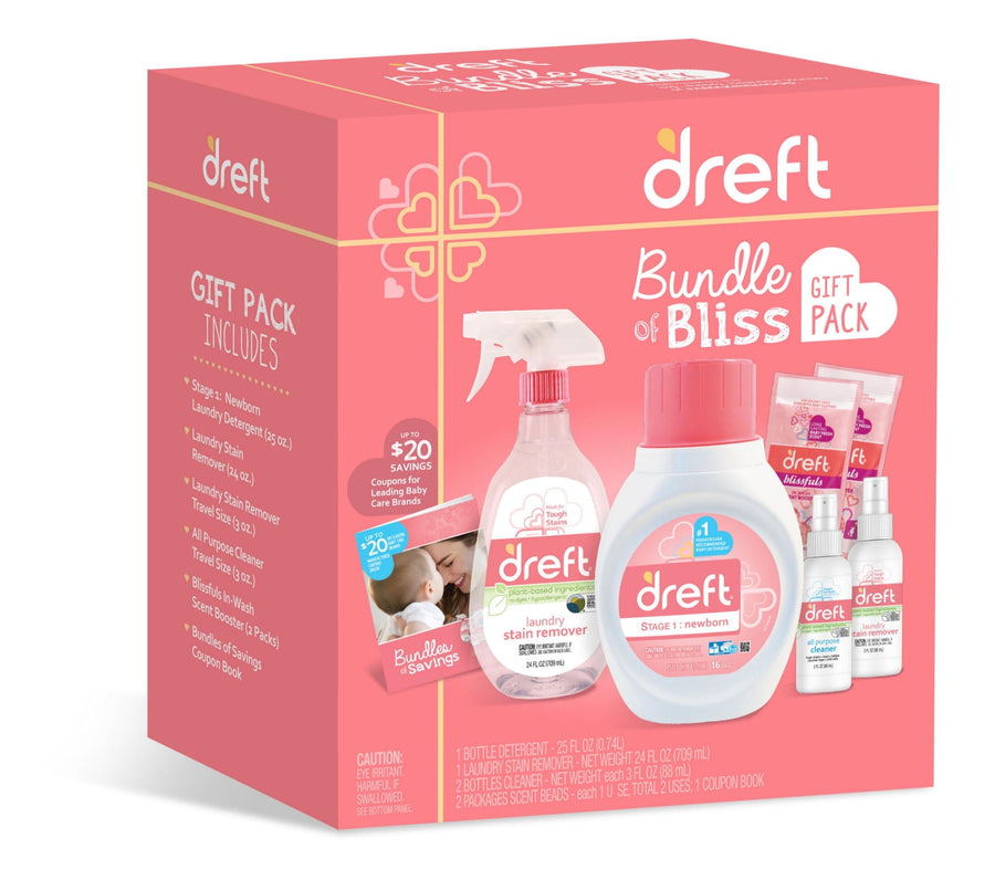 Pink Dreft 'Bundle of Bliss' gift box showing product artwork and images of detergent, stain remover and samples.