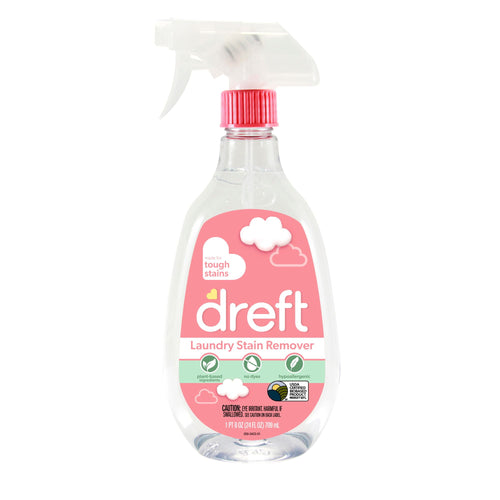 Isolated clear spray bottle of Dreft Laundry Stain Remover with pink label on a white background