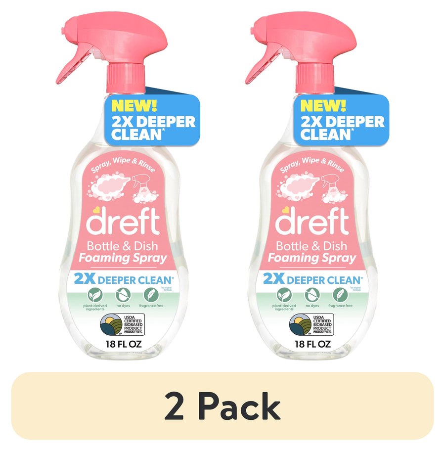 Two Dreft Bottle & Dish Foaming Spray bottles with pink spray tops shown side-by-side and a “2 Pack” label beneath.