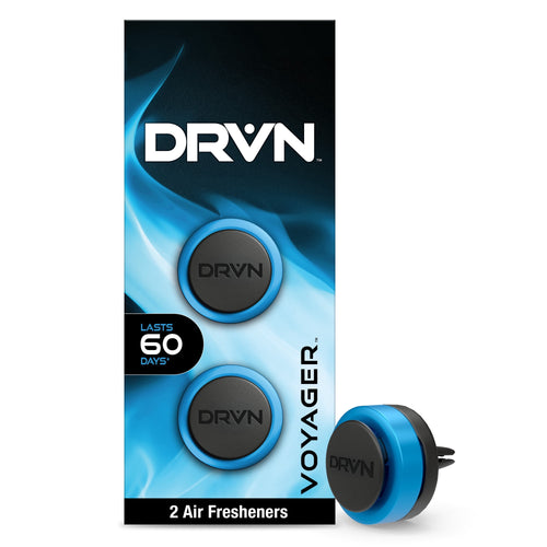 DRVN voyager blue vent-clip air freshener packaging showing two round clips and one clip outside the box