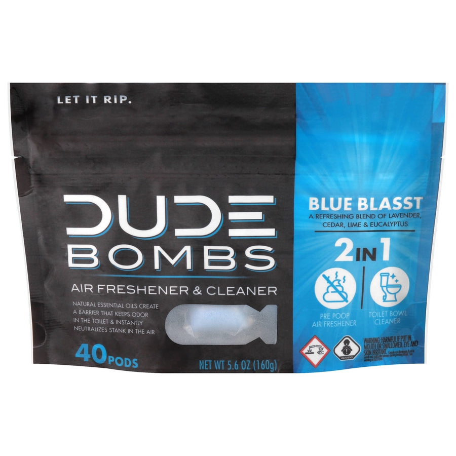 Front of a Dude Bombs Blue Blasst resealable pouch showing branding, 2-in-1 label and a blue pod window