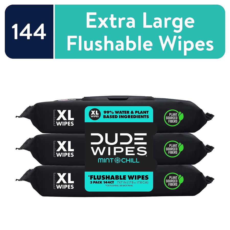 Three stacked black DUDE Wipes Mint Chill packages with teal label touting XL flushable wipes and 144 count banner