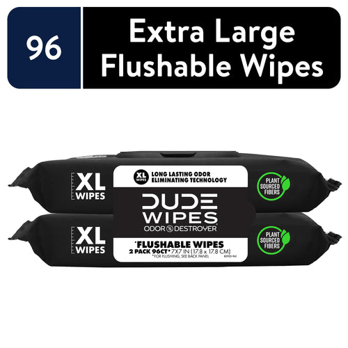 Two stacked black DUDE Wipes Odor Destroyer XL flushable wipes packs with product label and plant-sourced fibers icon.