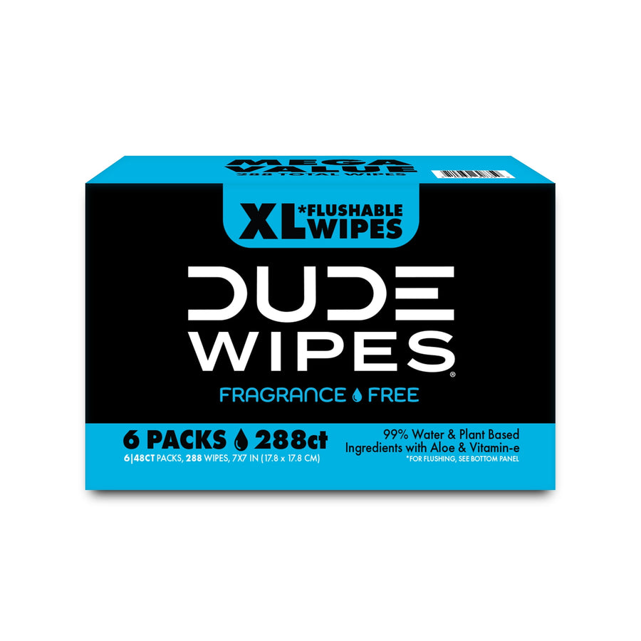 Front-facing DUDE Wipes black and blue XL flushable wipes retail box with branding and count callouts