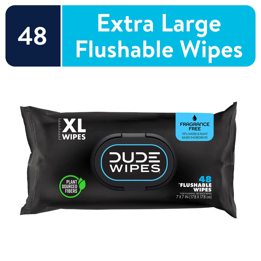 Packaged DUDE Wipes XL fragrance-free flushable wipes in black resealable pack with visible logo and XL badge