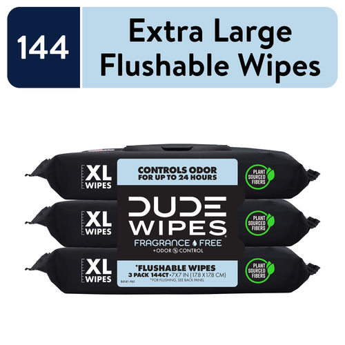 Stacked three-pack of DUDE WIPES XL flushable wipes in black packaging with large light-blue label and plant-sourced fiber badge