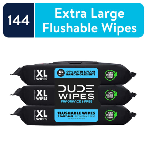 Three stacked black DUDE Wipes XL fragrance-free packs with packaging label and blue banner reading extra large flushable wipes