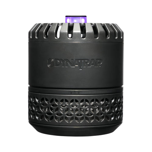 Black Dynatrap indoor electronic insect trap with purple LED on top, front view