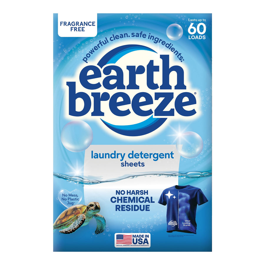 Earth Breeze fragrance-free laundry detergent sheets box with blue branding, turtle graphic and '60 loads' callout