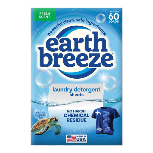 Front-facing Earth Breeze laundry detergent sheets package with ocean bubbles, turtle graphic and 'no harsh chemical residue' text.
