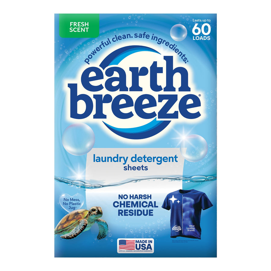 Front-facing Earth Breeze laundry detergent sheets package with ocean bubbles, turtle graphic and 'no harsh chemical residue' text.