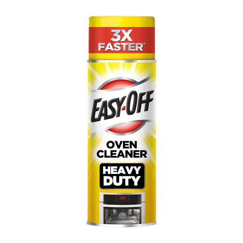 Tall Easy-Off Heavy Duty oven cleaner aerosol can with yellow cap and product label on white background